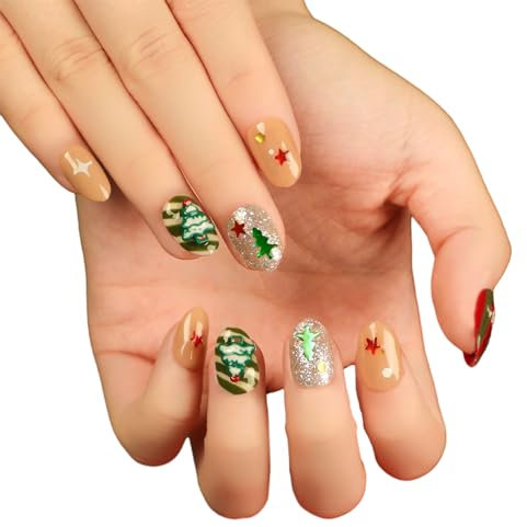 Christmas Themed Short Almond False Nails Easy To Apply Winter Press On Nails Holiday Decorations
