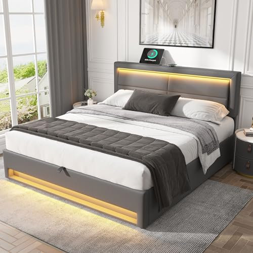 LTGB Ottoman Upholstered Bed 150x200cm, King Bed-5ft,With USB Port (Supports Wireless and Wired Charging), with LED Lighting and Storage Space, Without Mattress, PU-Lychee Design, Gray