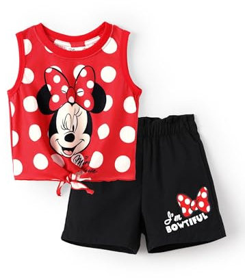 Disney Prinzessin Kleinkind Mädchen 2-teiliges Outfit ärmellos Krawatte Knoten Tank Top Elastisch Mädchen Sommer Kurze Kleidung Sets, Minnie-Rot, 3-4 Years