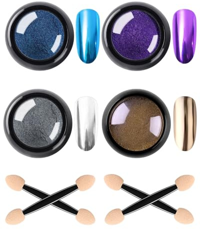 LEEQBCR 4 Stück Glitter Nail Powder, Chrome Nail Powder, Mirror Effect Chrome Nails, Laser Chrome Powder, Pearl Effect Powder für Nail Art