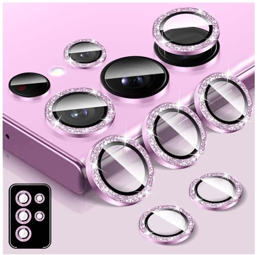 Kucheed Protecteur D'objectif D'appareil Photo à Paillettes pour Samsung Galaxy S22 Ultra, 9H Couvercle de Caméra en Verre Trempé Anneaux Métalliques Individuels à Alignement Automatique