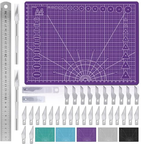 Miuzei Cutting Mat Set A4 with Steel Ruler - Self-Healing Craft Mat for Sewing, Fabric & Drawing Projects(Purple)