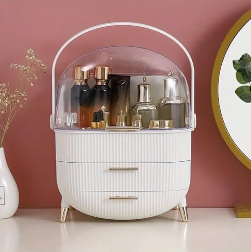 Genérico Organizador de Maquillaje y Cosméticos Blanco con 2 Cajones y Tapa Protectora, Base Antideslizante, Asa Giratoria 270°