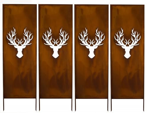 Kapaga - Sichtschutz Metall 4x - 160 cm x 50 cm - Edelrost - Rostoptik Sichtschutz für Garten - Sichtschutzelement - Sichtschutzwand - Gartendekoration Zaun - Rost (Strauch) (Hirsche)