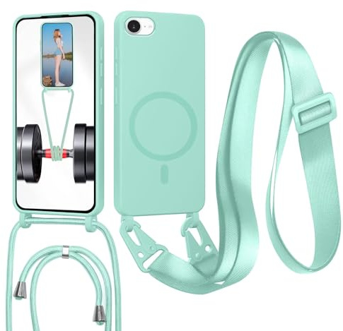 MBSLFY Funda Magnética Silicona con Cuerda para iPhone 6/6S/7/8/iPhone SE 2022/SE 2020, Carcasa Suave Silicona Case con Correa Colgante Ajustable Collar de Cuello Phone Case, Verde Menta
