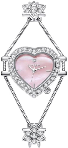 LANZOOM Damen-Diamantuhr in Herzform, rosa Perlmutt-Zifferblatt, Stern-Gliederarmband, Edelstahl, 25 mm, romantisches, elegantes Schmuckgeschenk
