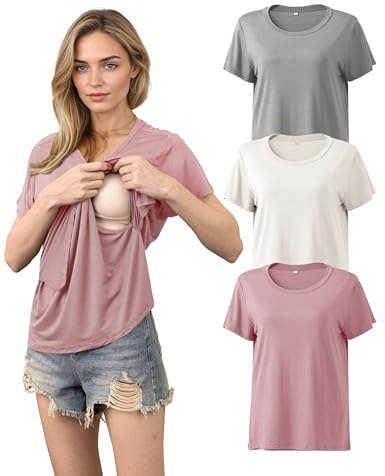 SUNNYBUY Lot de 3 t-shirts d'allaitement à manches courtes pour femme | Ressemble à un t-shirt normal, accès discret pour l'allaitement, la grossesse et l'allaitement