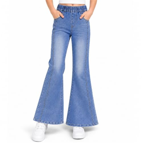 Domueay Mädchen Flared Jeans Kinder Wide Leg Bootcut Denim Hosen 6-15 Jahre | Bequeme Jeanshosen mit Elastischem Bund, Hohe Taille, Weites Bein Schlagjeans, Teenager Lang Modehosen Casual Schule Campus