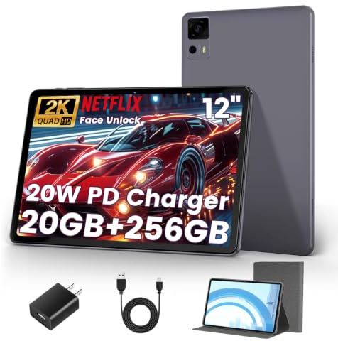 Tablette Android T616 Octa-Core 12 pouces, grande tablette Android avec écran 2K, chargeur rapide et étui 20 W, RAM 20 Go, ROM 256 Go, extension de 1 To, 8000 mAh, double Wi-Fi