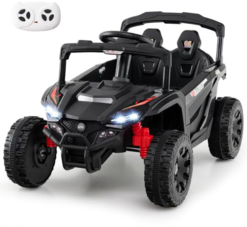 GOPLUS Voiture Electrique Enfants 2 Place avec Télécommande, Quad 4x4 Electrique Enfants 12V avec Démarrage Lent, Musique, Klaxon et Phares pour Enfants de 3+ Ans, Charge 30KG (Noir)