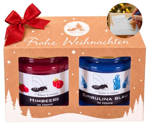 Gregas Honig Geschenkset Weihnachten 2x 250g Himbeere & Spirulina Blau | Festliche Präsentbox mit Grußfeld Winter-Aufstriche direkt vom Imker Ein edles Mitarbeitergeschenk!