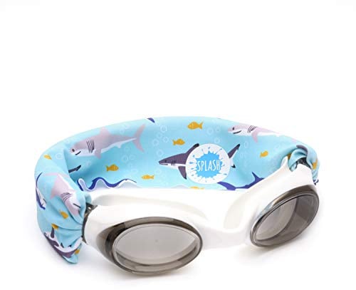 Splash Place KIDS SWIM GOGGLES with Fabric Strap | Tangle-Free Swimming Goggles for Kids (SHARK ATTACK)