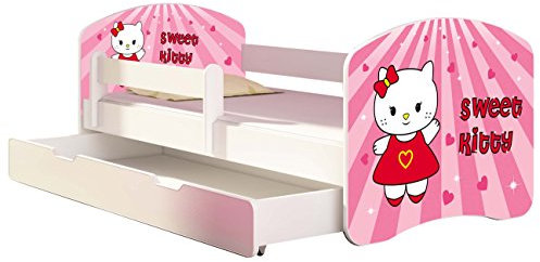 Kinderbett Jugendbett mit einer Schublade und Matratze Weiß ACMA II 140 160 180 40 Design (180x80 cm + Bettkasten, 15 Sweet Kitty)