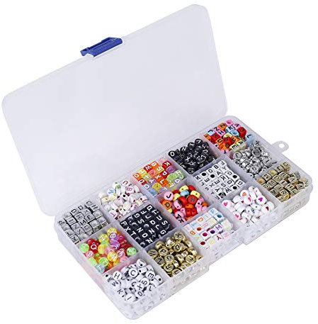 HONGXIN-SHOP Kette Basteln DIY Buchstaben Perlen 15 Fächer Acryl Alphabet Buchstaben Perlen für Schmuck Machen Armbänder Halsketten Schlüsselanhänger und Kinder Schmuck 1100 Pieces