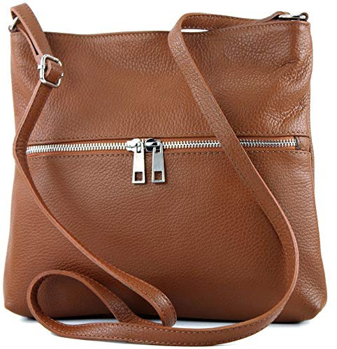 modamoda de - ital Umhänge-/Schultertasche aus Leder T144, Cognac, siehe Beschreibung