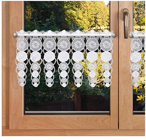 SeGaTeX home fashion Feenhaus-Spitzengardine Marthe/weißer Kurz-Scheibenhänger aus Vogtländischer Luftspitzenstickerei/moderner Landhaus-Stil 30 cm hoch für Wohnzimmer, Küche, Esszimmer, Flur