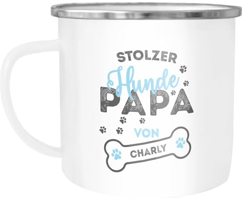 SpecialMe® Emaille-Tasse Emaille-Becher stolze Hundepapa mit eigenem Hundenamen personalisierte Geschenke Hundebesitzer weiß-metall Emailletasse
