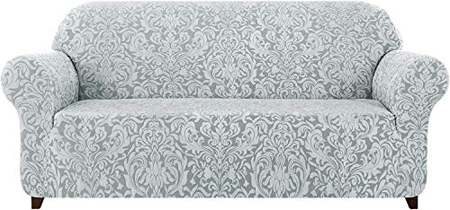 subrtex Damast Sofabezug Stretch Sofahusse Couchbezug Sesselbezug Elastischer Blumenmuster rutschfest Stretchhusse Weich Stoff(2 Sitzer,Hellgrau Muster)
