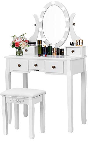 VIVOHOME Schminktisch mit LED Beleuchtung Spiegel drehbar und gepolstertem Hocker Vanity Kosmetiktisch mit Schubladen