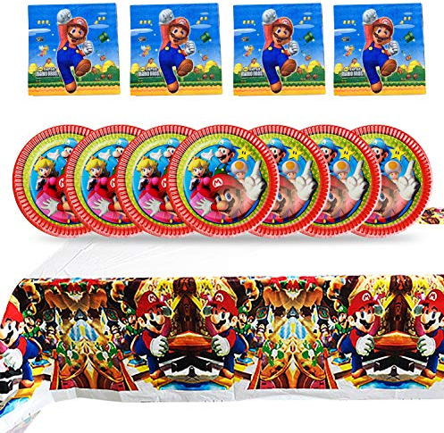 Qemsele Party Tablewear Kit for Kids, 1 Party Table cloth Table Cover Plastic+ 20 Paper Plates + 20 Paper Napkins Happy Birthday Decorations Supplies Party Favors Gift Theme Carnival (Mario)