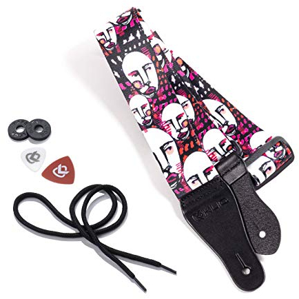 KLIQ Gewebter Retro-Gitarrengurt für Akustik- und E-Gitarren, 60er Jahre, Jacquardgewebe, Hootenanny-Stil, 2 Gummi-Gurtsicherungen im Lieferumfang enthalten, Artist Series-Ugh