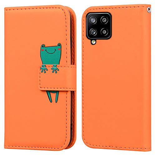 Ailisi Cover per Galaxy A12, Orange Flip Cover Cartoon Cute Frog Custodia Protettiva Caso Libro in Pelle PU con Portafoglio, Funzione Supporto - Rana, Arancia