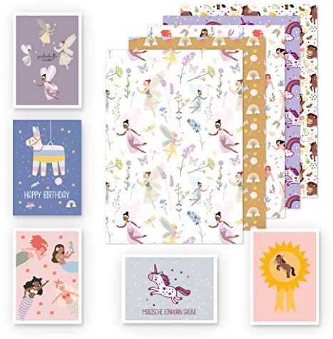 dabelino® Geschenkpapier Kinder, Set: 5 Bögen + 5 Karten (Mädchen)