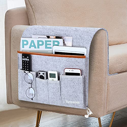 Betoores Organiseur de Canapé, Sac de Rangement à Suspendre D'accoudoir avec 6 Poches pour Magazines, Télécommande, Téléphone, Tablettes, et Livres - Gris Clair