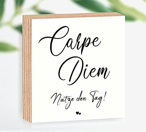 Manschin-Laserdesign Holzbild Carpe Diem 15x15x2cm zum Hinstellen/Aufhängen 3D, echter Fotodirektdruck mit Spruch auf beschichtetes Birkenholz
