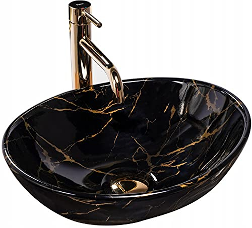 Rea Aufsatzwaschbecken Sofia Black Marble Waschtisch Handwaschbecken Waschschale Waschbecken für Badezimmer aus hochwertiger Keramik (schwarz)