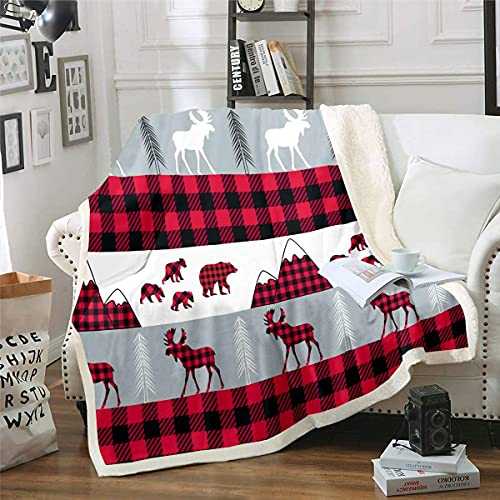 Homemissing Elch Decke 150x200cm Weihnachtsmotiv Flanell Fleecedecke für Sofa Couch rot Gürten Kuscheldecke Bär Berg Zimmer Dekor Wohndecke