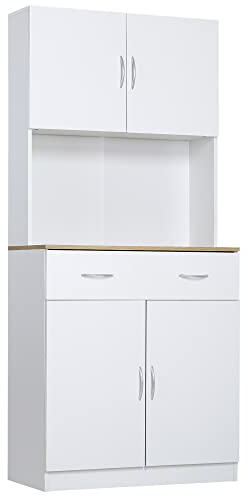 HOMCOM Alacena de Cocina Mueble Auxiliar de Cocina con Puertas Cajón y Estantes Ajustables Antivuelco para Comedor Salón 80x40x180 cm Blanco
