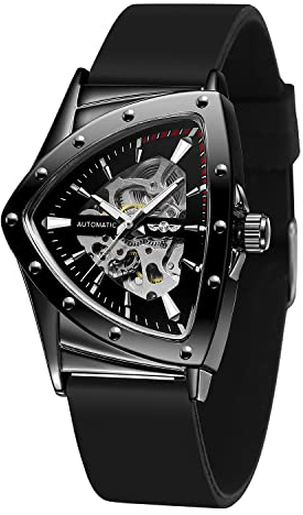 FORSINING Herren-Armbanduhr, wasserdicht, dreieckig, mechanisch, mit Silikonband, Schwarz, Mechanisch, AH751