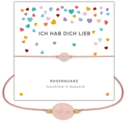 happymaker - Rosenquarz Armband Damen, handgemacht Edelstein Wickelarmband rosa mit Goldperlen und Geschenkverpackung, beste Freundin Geschenk, handgemacht in Deutschland