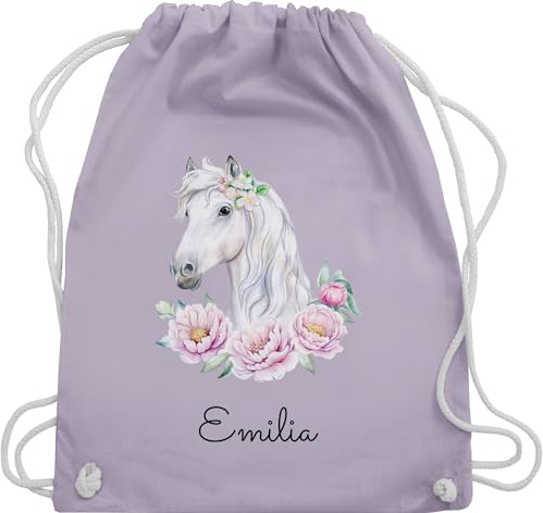 Turnbeutel Rucksack - Pferde - Pferdekopf Motiv mit Name personalisiert I Pferdemotiv I Pferd Name - Unisize - Pastell Lila - mädchen pferderucksäcke pferden pferdemädchen beutel personalisierter