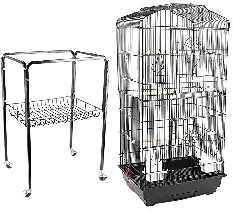 Voliere Vogelkäfig auf Rollen, Design Haus, Sitzstangen, Türen, herausnehmbare Fäkalienten, Metall, Haustierprodukte, Käfig, mit Zubehör und Halterung mit Aufbewahrung, 61,5 x 43 x 137 cm