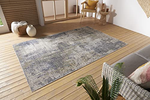 Nouristan Gizeh In- & Outdoor Teppich Flachgewebe – Modernes Design, Vintage Optik, Used Look, Waschbar, Wetterfest & UV-beständig für Balkon, Terrasse, Garten, Wohnzimmer – Creme Blau, 230x340cm