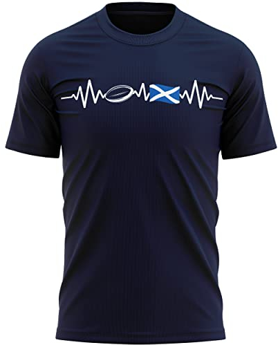 Scotland Flag Heartbeat Rugby T Shirt Mens Scottish Football Rugby Supporter Tee Top, XXL, Navy