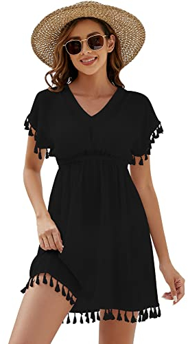 Onfettic Damen Strandkleid Sommer Badeanzug Strandtunika Chiffon Strandponcho Sommerkleider Bikini Cover mit V-Ausschnitt (Schwarz, L)