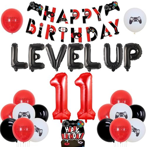 Sursurprise Video Game 11th Birthday Decorations for Boys, Red and Black Gaming Happy Birthday Banner, Game on 11 Years Old Birthday Party Supplies, Level up Foil Balloon