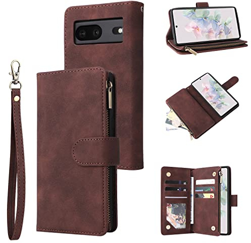 QLTYPRI Hülle für Google Pixel 7a, Premium Leder Handyhülle mit Große Kapazität 6 Kartenfach & 1 Reißverschluss Tasche Ständer Schutzhülle für Google Pixel 7a - Kaffee Braun