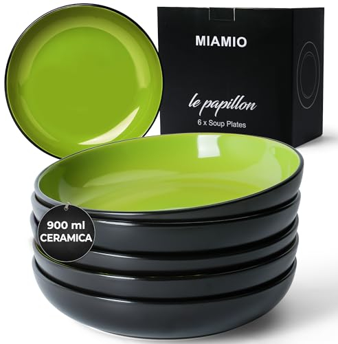 MIAMIO – 900 ml / 22 cm Set of 6 Pasta Bowls/Salad Bowls, Pasta Plates Wide and Shallow Bowl, Large Ceramic Stoneware Deep Plate Serving Soup - Le Papillon (Green)