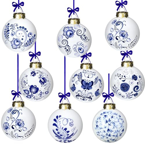 Funtery Porzellan-Ornamente, Chinoiserie Kürbis-Deko, Anhänger für Weihnachten und Herbst, Keramik-Weihnachtsbaum-Ornamente, 9-teiliges Set, Blau/Weiß (Eleganter Stil)