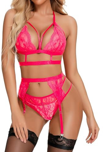 RSLOVE Lingerie Sexy pour Femme Soutien-Gorge et Culotte 3 Pièces en Dentelle avec Porte-Jarretelle Rose Fluo L