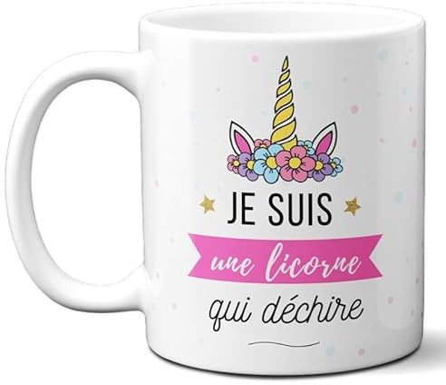DECOHO - Tasse licorne qui déchire - Mug céramique rose pastel - Cadeau anniversaire copine - 33 cl, imprimé en France - Blanc