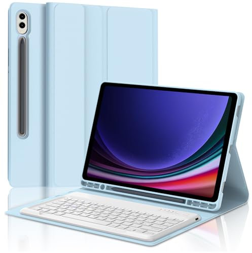 FOGARI Funda de teclado para Samsung Galaxy Tab S9 Plus 12.4 2023 - Teclado Samsung Tab S9 FE+, caja con portalápices, teclado - Diseño italiano Bluetooth magnético desmontable teclado, azul