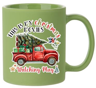 Getagift This is My Christmas Movie Watching Mug, with red Christmas Truck/Christmas Tree, Full Coloured Frosted Coffee Mug. (Light Green)