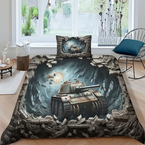 HOTGE Panzer Bettbezug Mikrofaser Bettwäsche Set 3D Camouflage Druck Bettdecke Quilt Cover&Pillowcase Mit Reißverschluss Winter Weich Für Männer Frau Kinder Single（135x200cm）