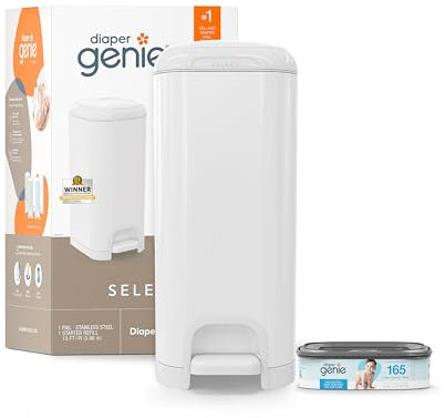 Diaper Genie El cubo Select está hecho de acero inoxidable duradero e incluye 1 recambio cuadrado de inicio que puede contener hasta 165 pañales de tamaño recién nacido.