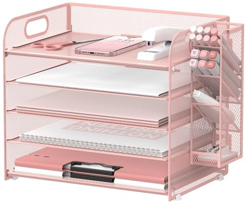 SUPEASY 5 Tier Desk Organizer with Handle & Removable Pen Holders, Mesh Paper/File Organizer for Desk, Paper Letter Tray Organizer for Office Supplies (Pink)